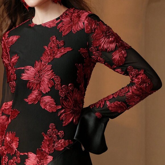 BEST SELLER Black Elegant Women's RED Floral Patchwork Round Neck mAXI Dress - Picture 6 of 7